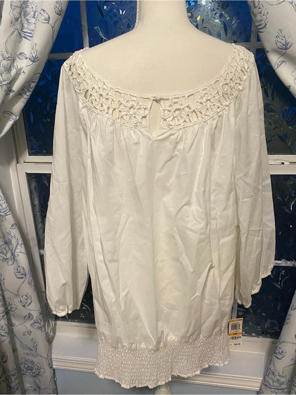 Charter Club Cream Crochet Yoke Long Sleeve Peasant Top